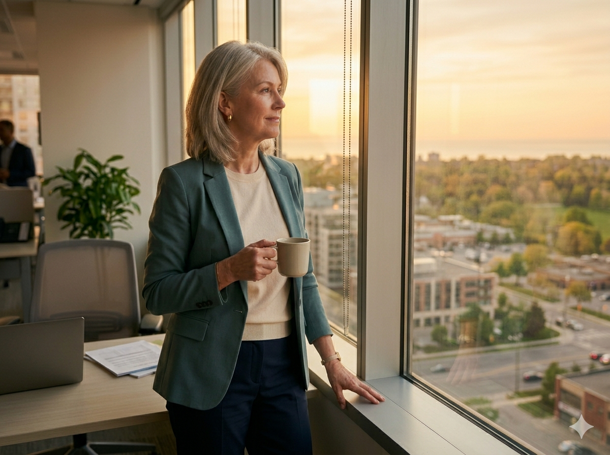 Person holding a mug by a large window, looking out over a sunset cityscape.