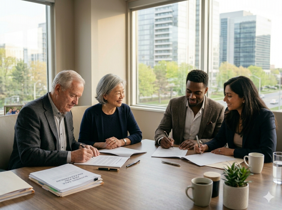 Four coworkers review documents at a table beside large windows in a bright office.