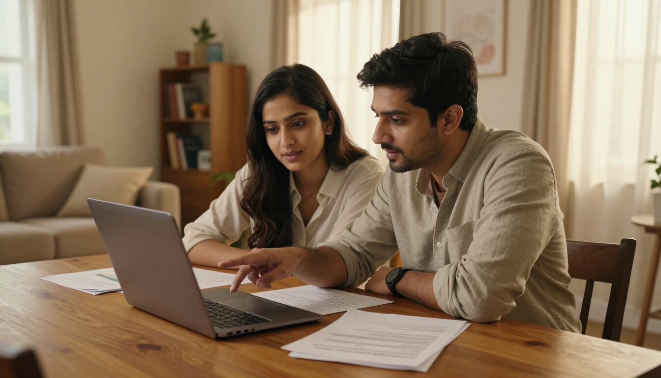 Four people standing together in a modern office, smiling at the camera