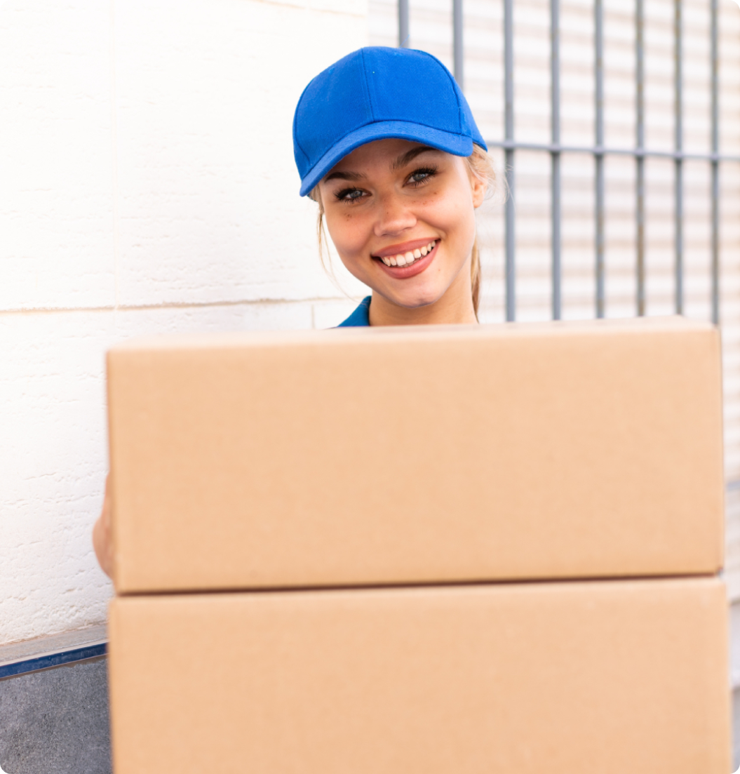 A woman in a blue hat is holding a stack of cardboard boxes.