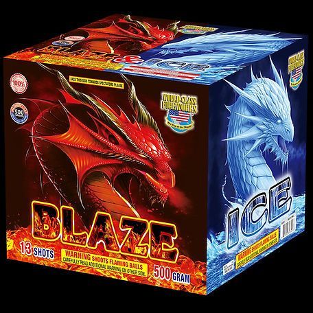 A box of blaze and ice fireworks with a dragon on it.