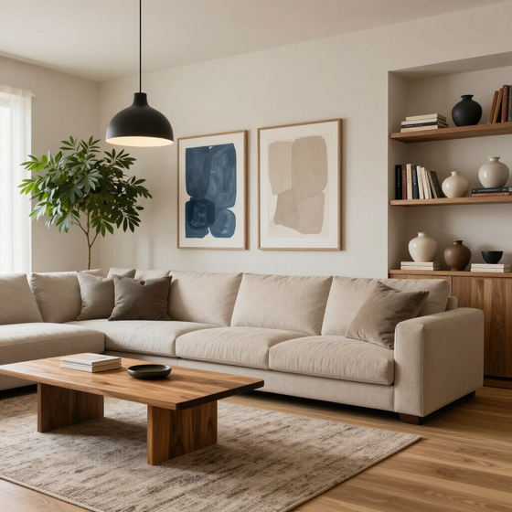 Soggiorno moderno sui toni del beige con divano componibile, tavolino da caffè in legno, quadri incorniciati e mensole decorative.