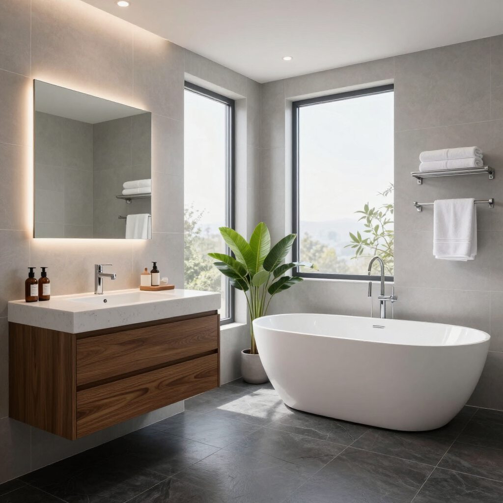Bagno moderno con vasca freestanding, mobile lavabo in legno, grande specchio e finestre alte con una pianta