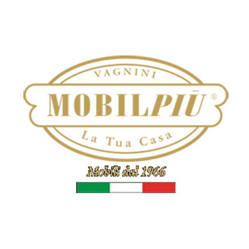 MOBILPIÙ logo with gold oval, “Vagnini” and “La Tua Casa,” plus Italian flag and “Mobili dal 1966”