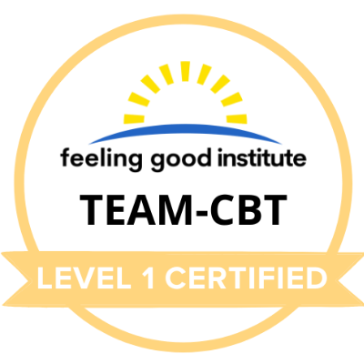 Badge: Feeling Good Institute. TEAM-CBT Level 1 Certified. Yellow circle with sun and blue arch.
