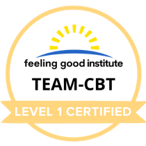Badge: Feeling Good Institute. TEAM-CBT Level 1 Certified. Yellow circle with sun and blue arch.