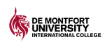 Logo for De Montfort University International College, featuring a stylized maroon lion icon beside the black text.