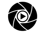 A black-and-white icon featuring a camera lens aperture surrounding a centered play button.