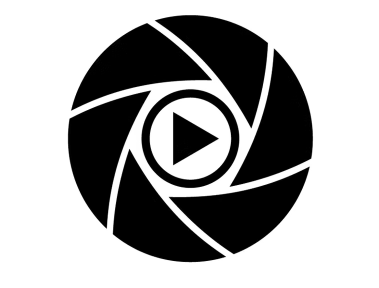 Black camera aperture icon with a play button symbol in the center.