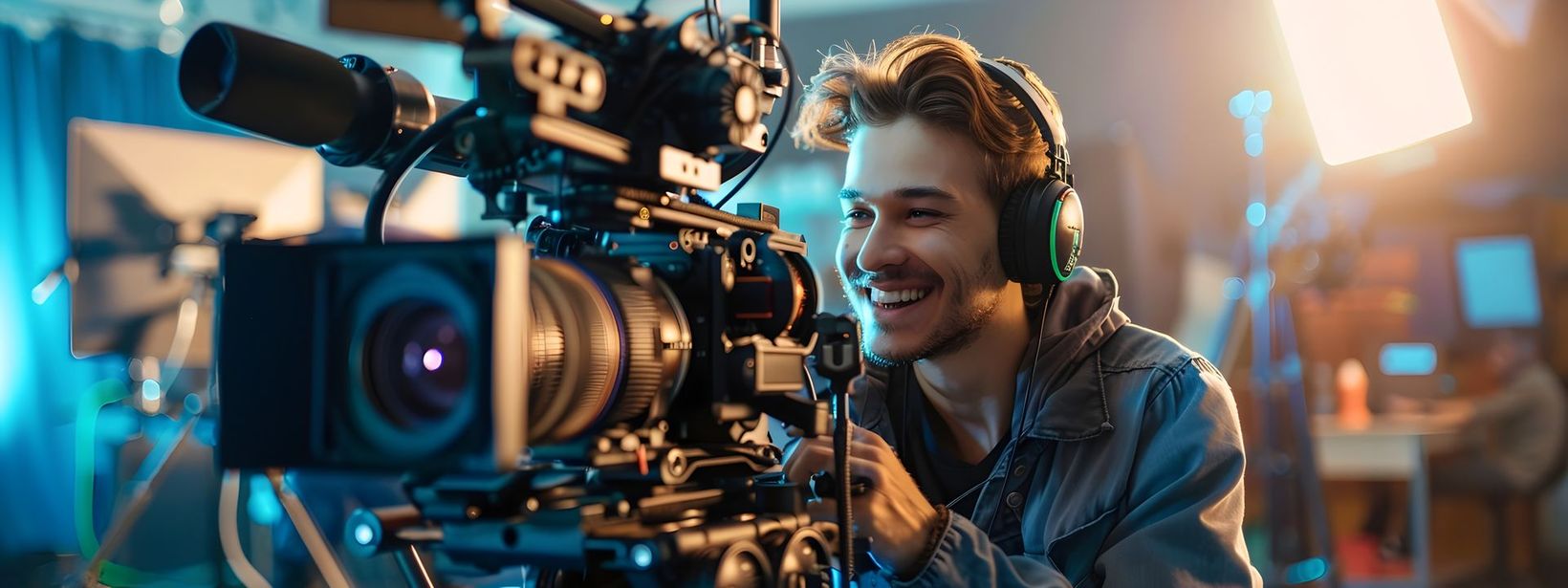 A person wearing headphones smiling while operating a professional cinema camera in a lit studio.