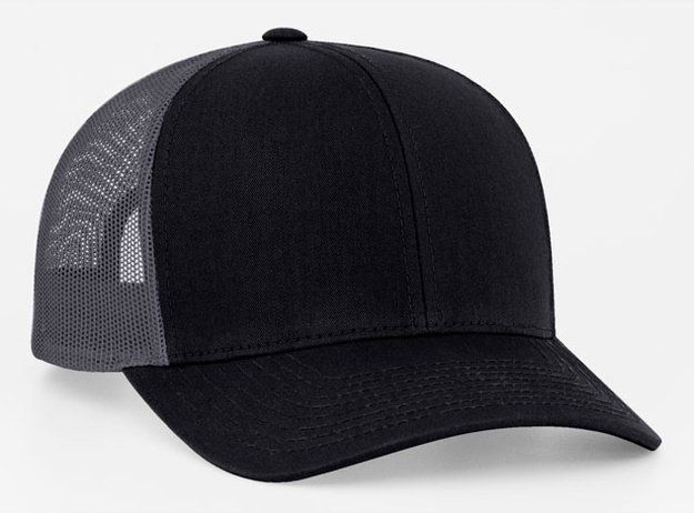 Black and gray trucker hat with a curved brim.