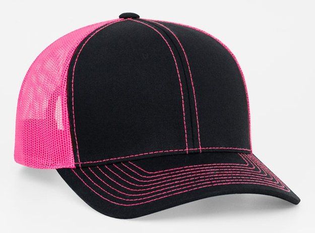 Black and pink trucker hat with pink mesh back and brim stitching.