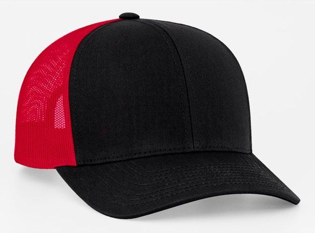 Black and red trucker hat. The front and bill are black, with a red mesh back.