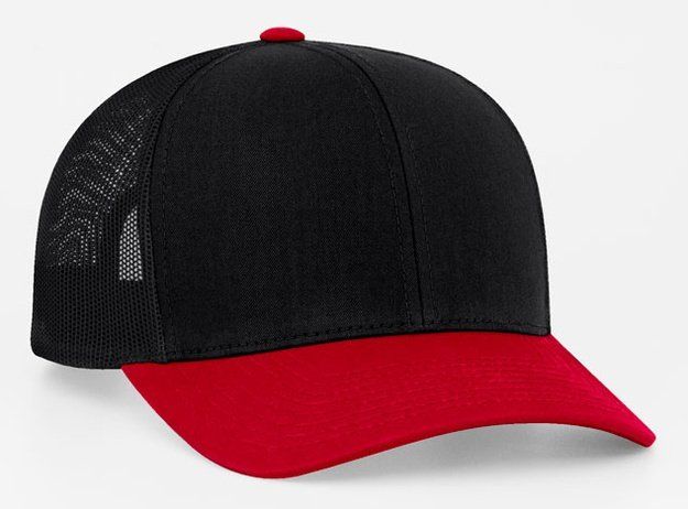 Black and red baseball cap with mesh backing.