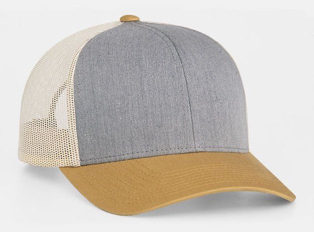 Gray and tan trucker hat.