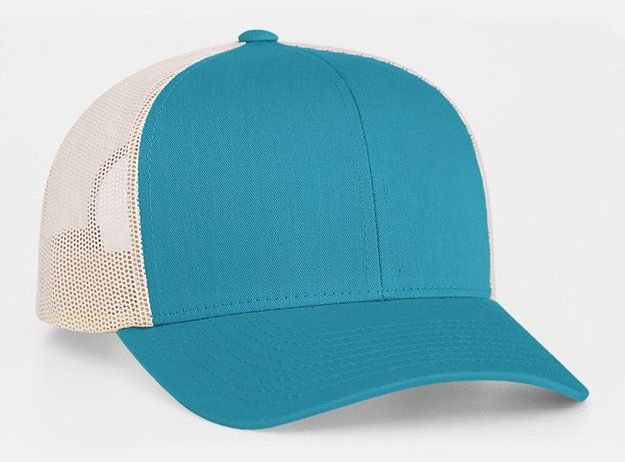 Teal and beige mesh-back trucker hat.