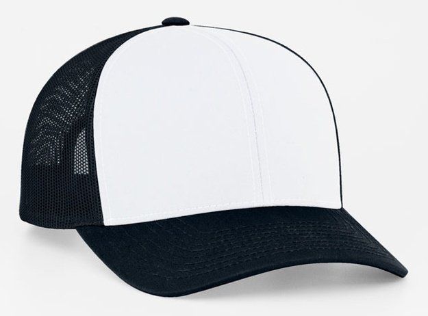 Black and white trucker hat, white front panel, black brim and mesh sides.