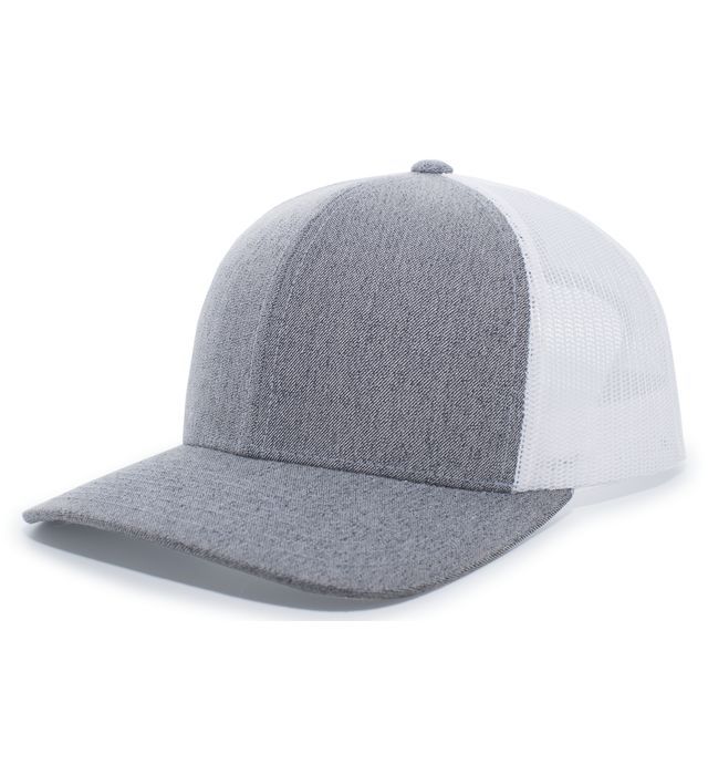 Gray and white trucker hat with a curved brim.