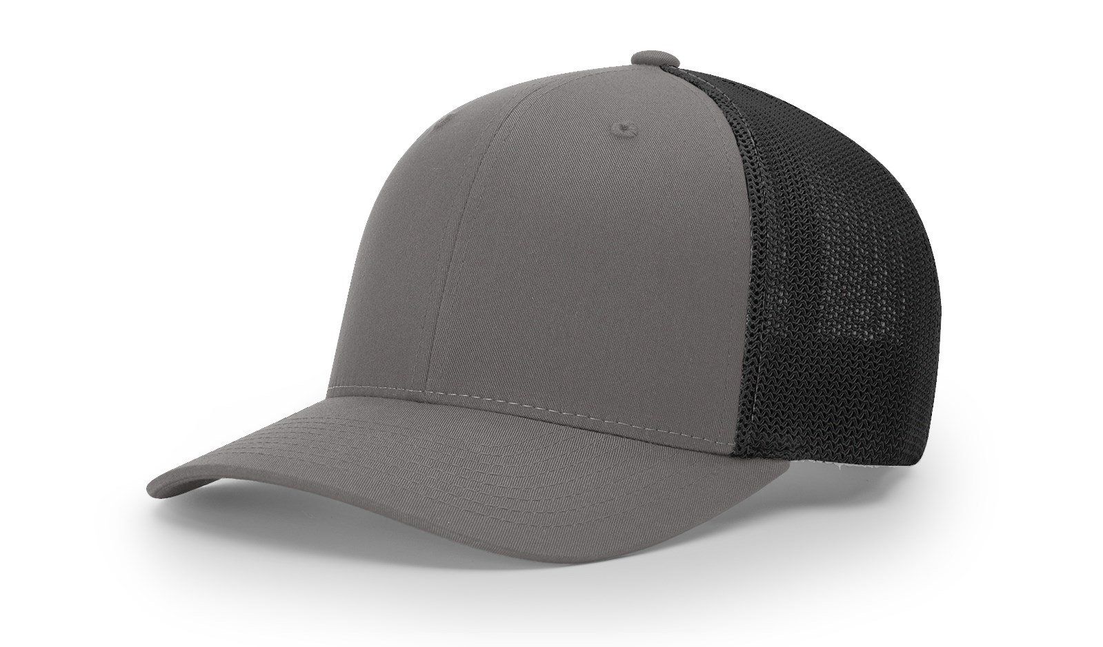 Gray and black trucker hat with a curved brim.