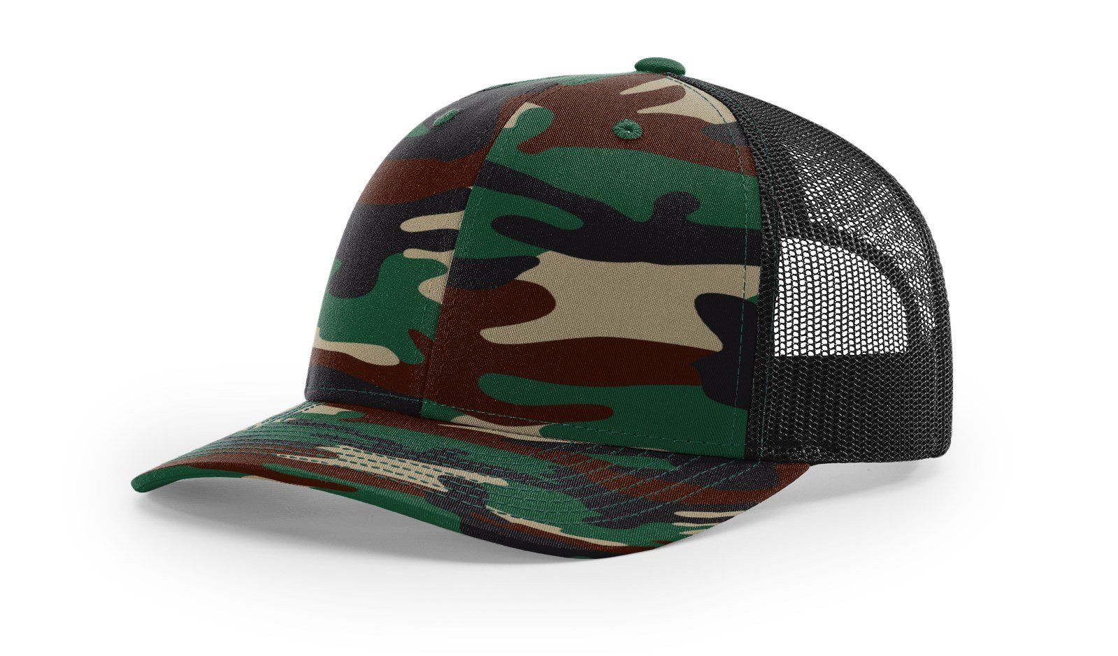 Camouflage trucker hat with a black mesh back.