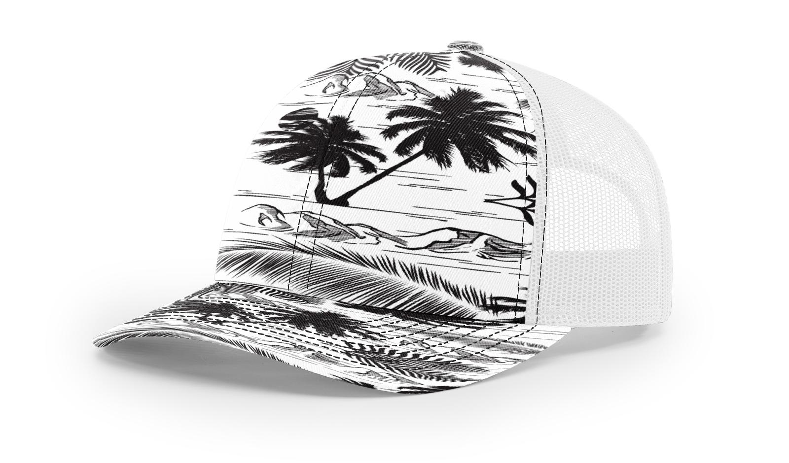 Trucker hat with black and white tropical scene print, white mesh back.