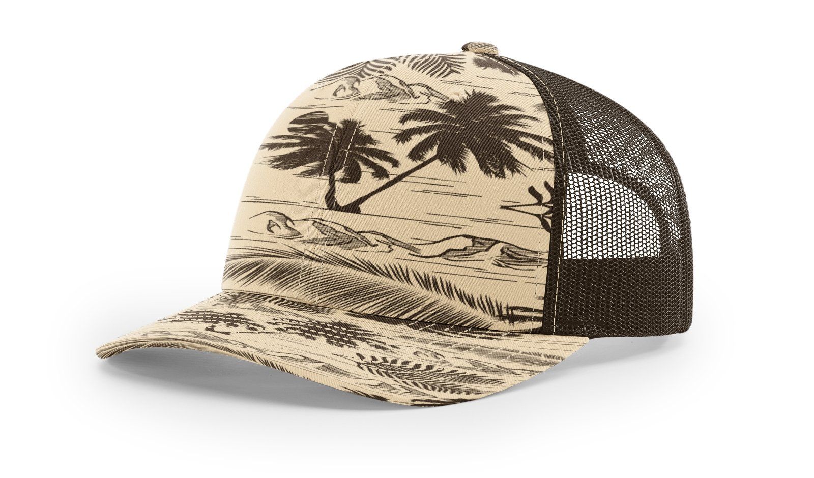 Tan and brown trucker hat with palm tree design and mesh back.