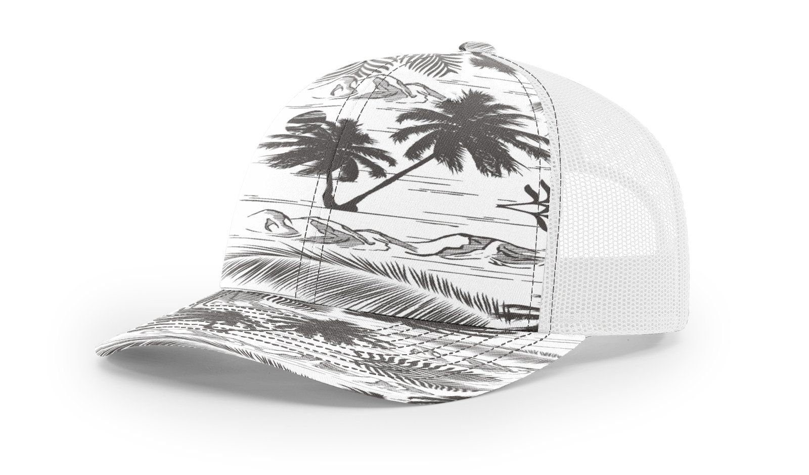 Trucker hat with a black and white tropical landscape print on the front panel and a white mesh back.
