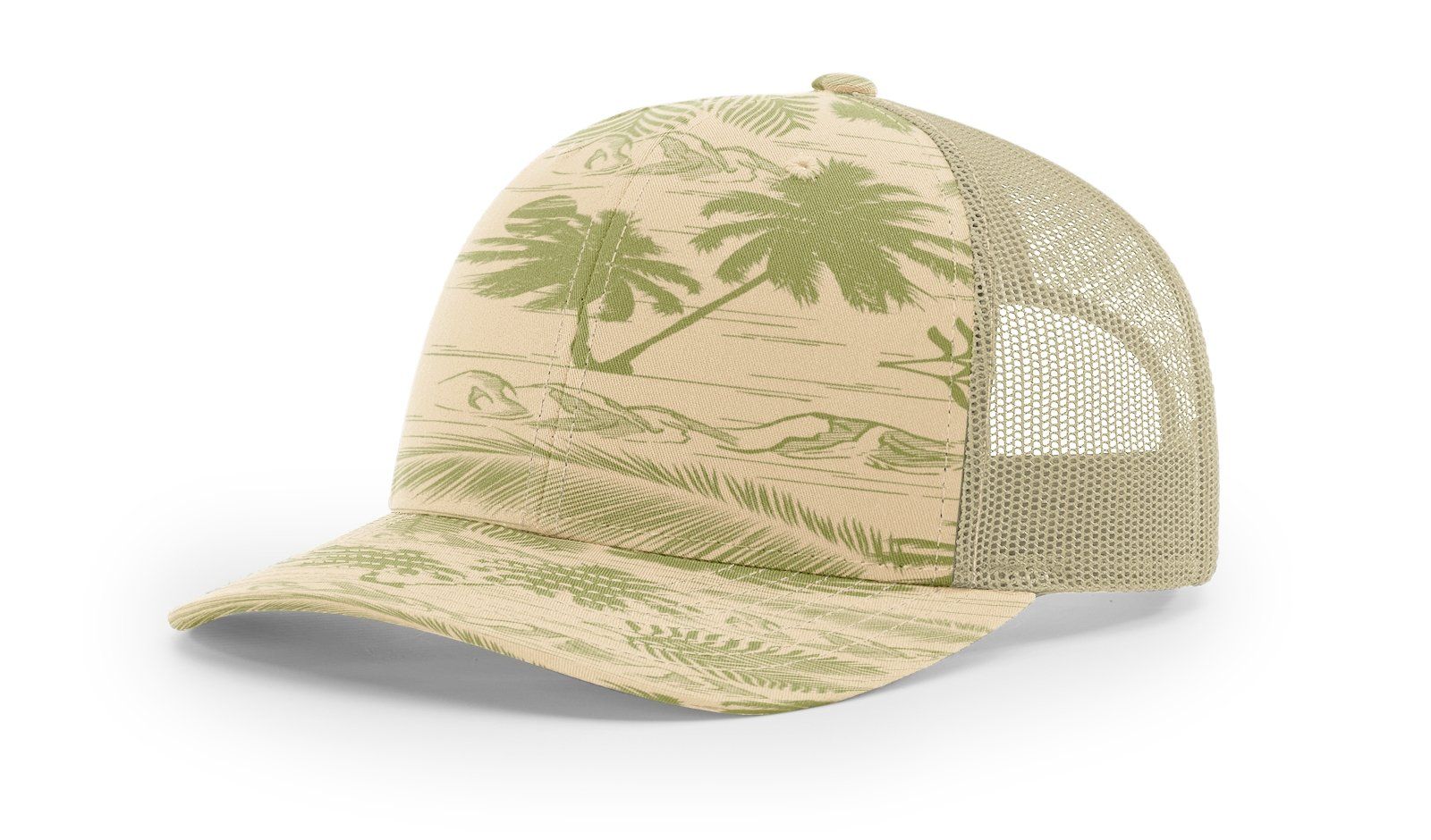 Tan baseball cap with palm tree print and mesh backing.