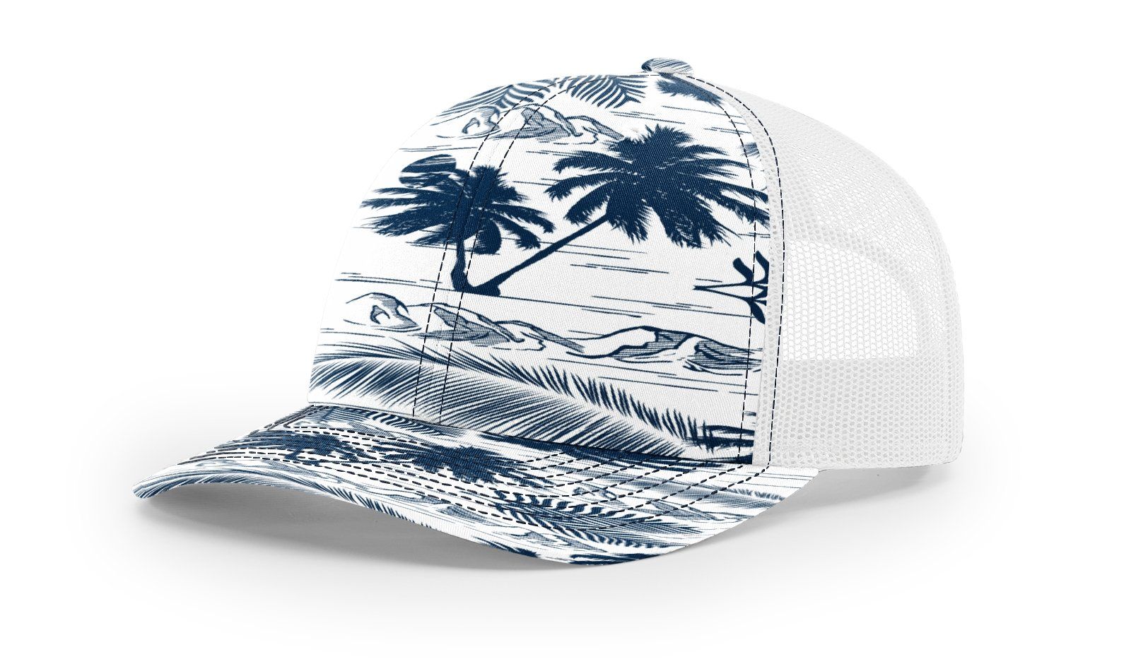 Trucker hat with a blue and white tropical scene on the front panel and a white mesh back.