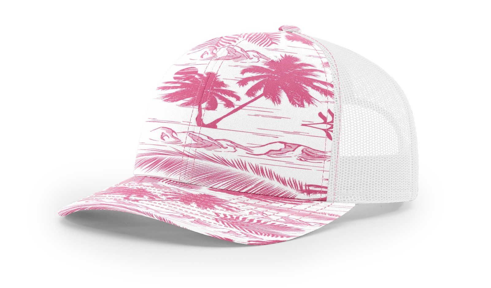 Pink and white trucker hat with a tropical landscape pattern.