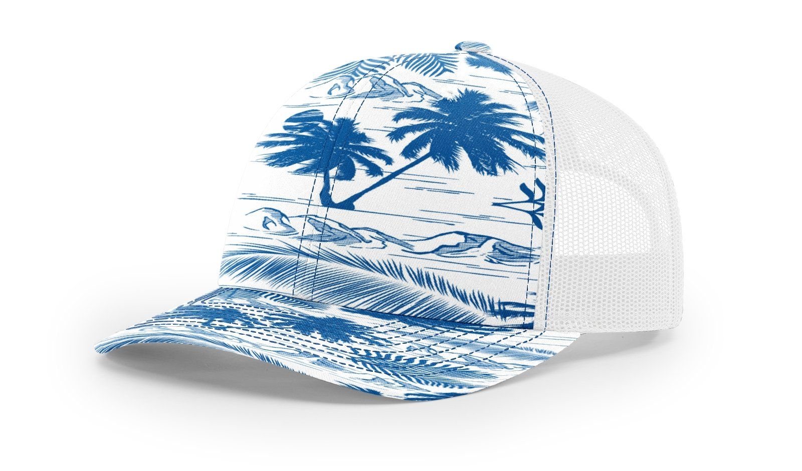 Blue and white hat featuring a tropical landscape design, with palm trees and ocean.