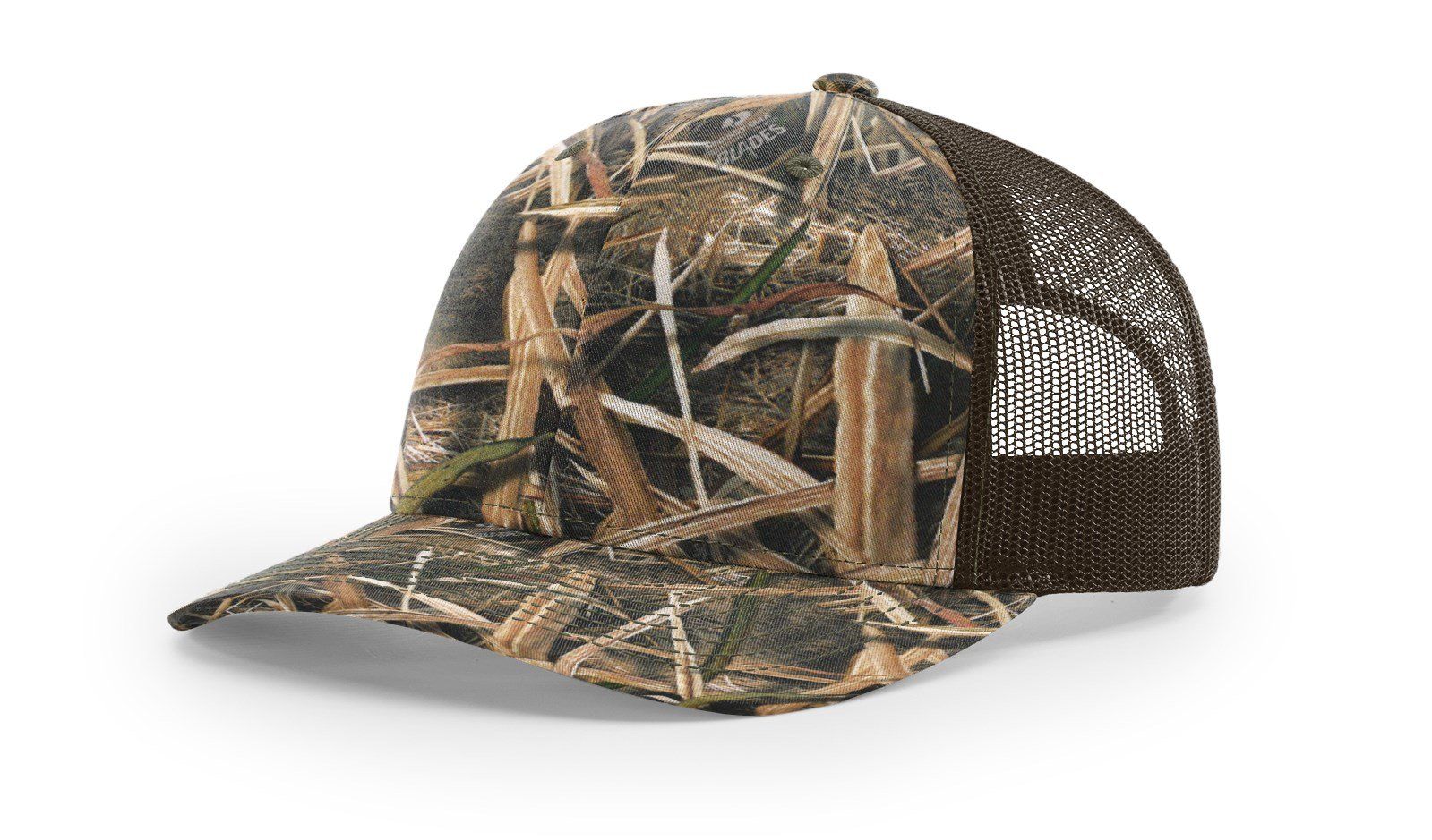 Camouflage trucker hat with brown mesh back.