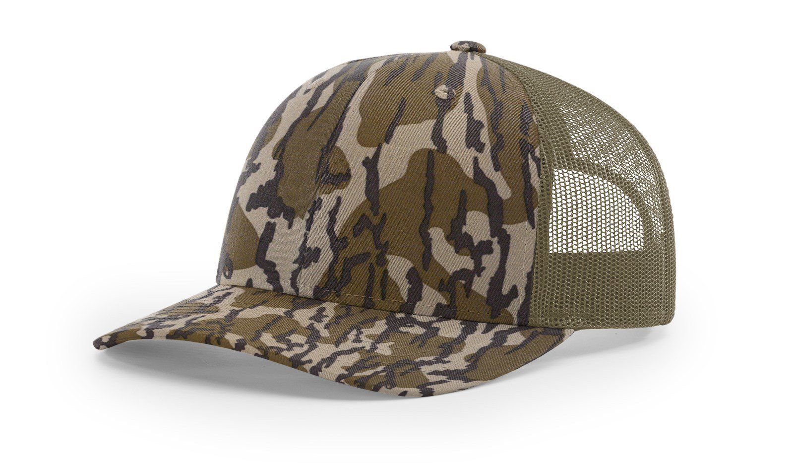 Camouflage pattern baseball cap with mesh back, shades of green and brown.