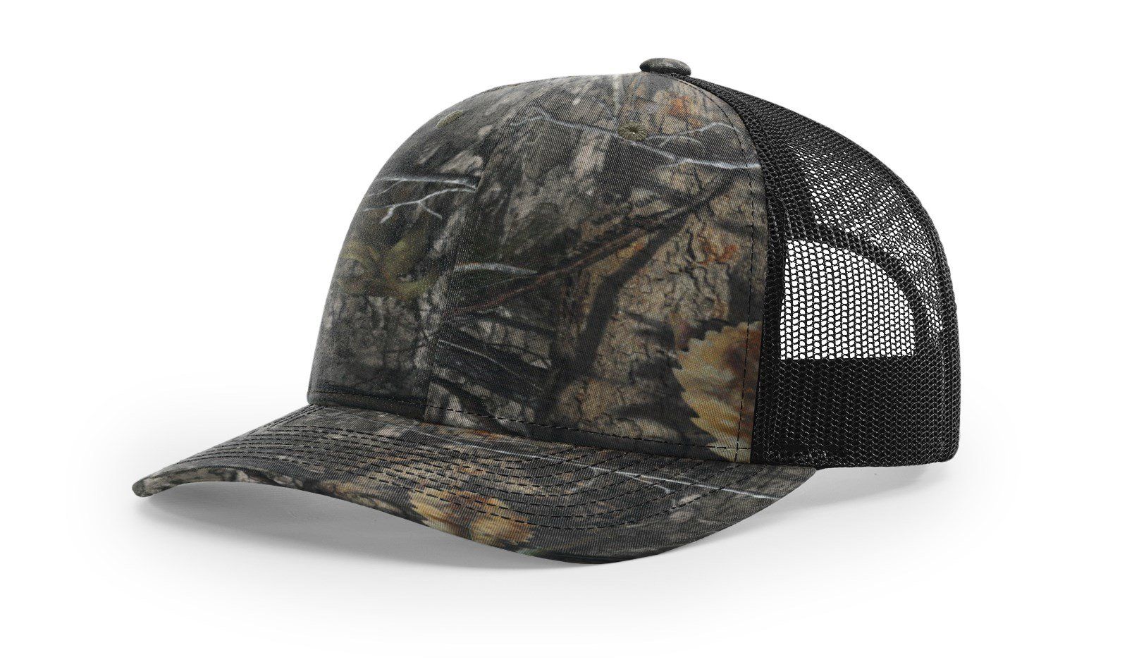 Camouflage trucker hat with black mesh back.