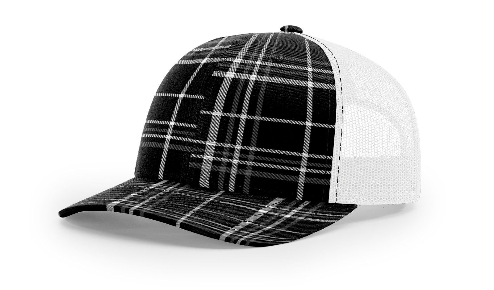Black and white plaid trucker hat with a white mesh back.