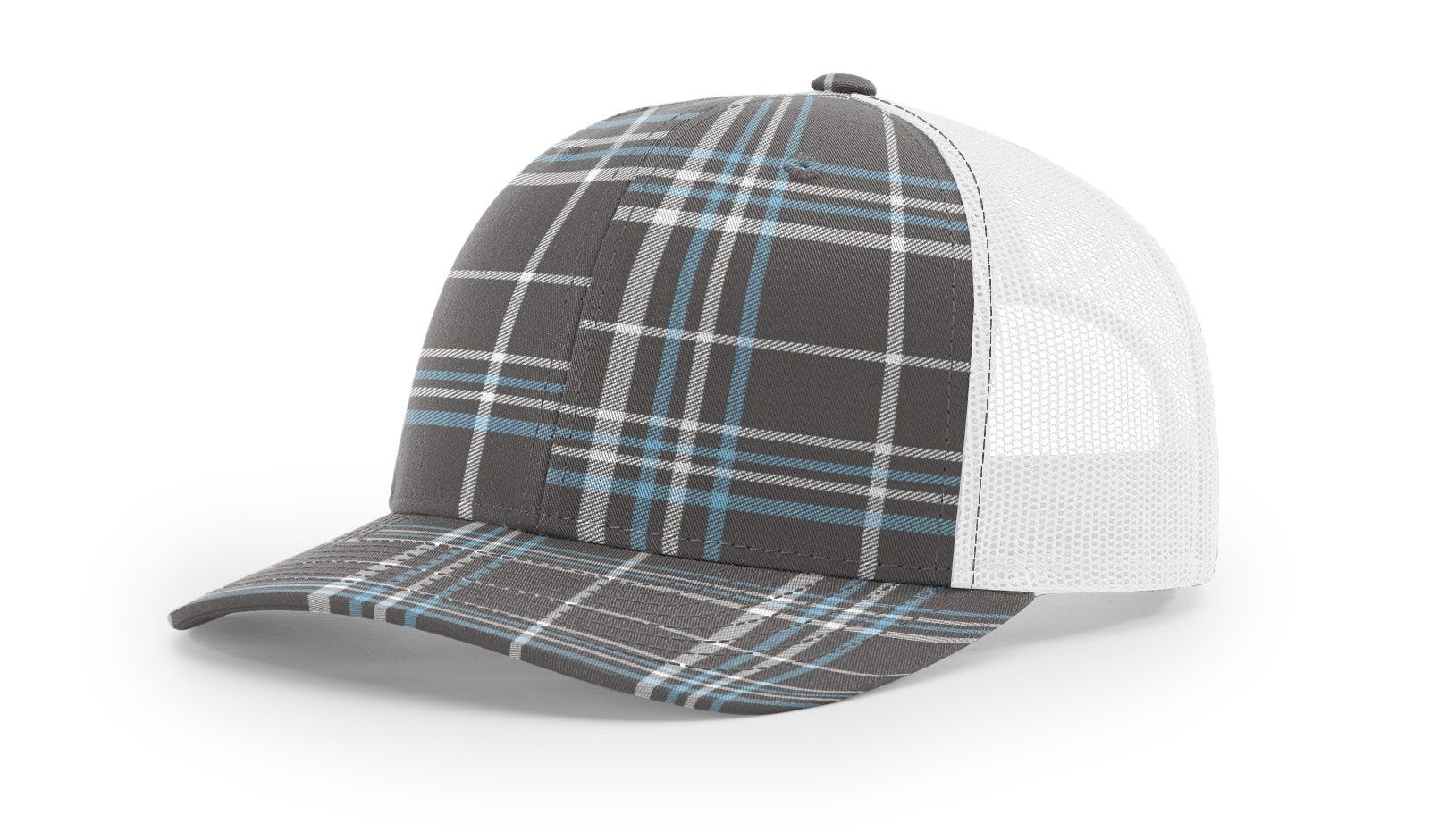 Gray plaid trucker hat with white mesh back.