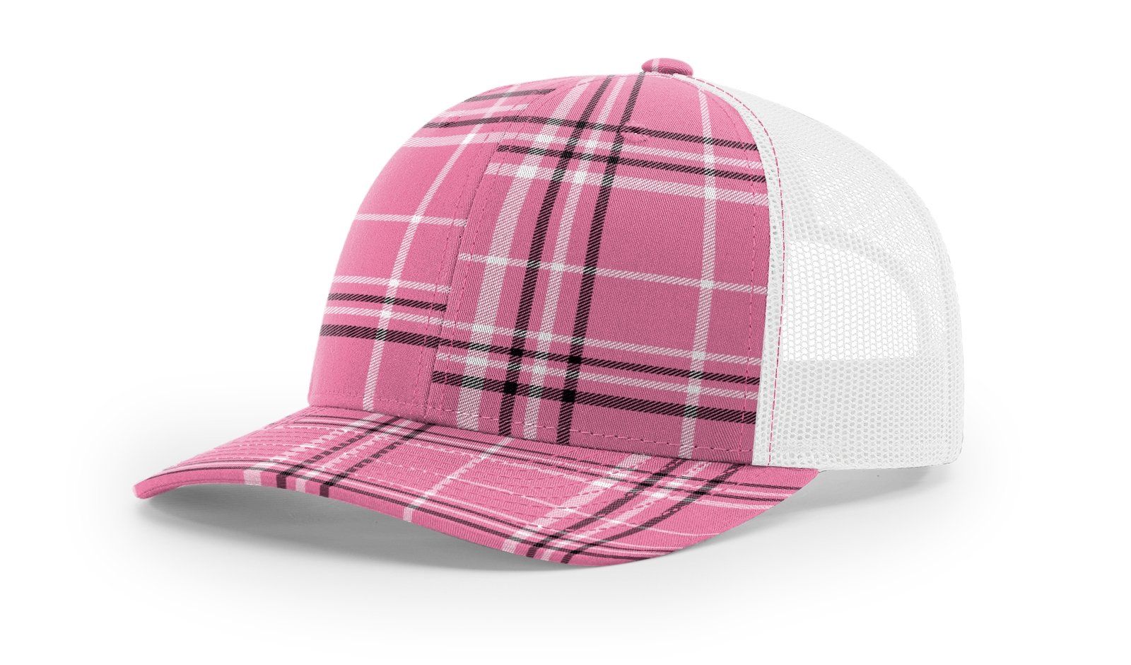 Pink plaid trucker hat with white mesh back.