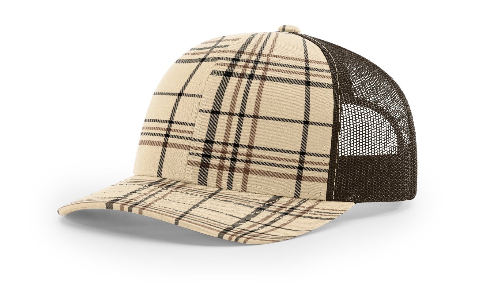Tan and black plaid trucker hat with a dark brown mesh back and curved brim.