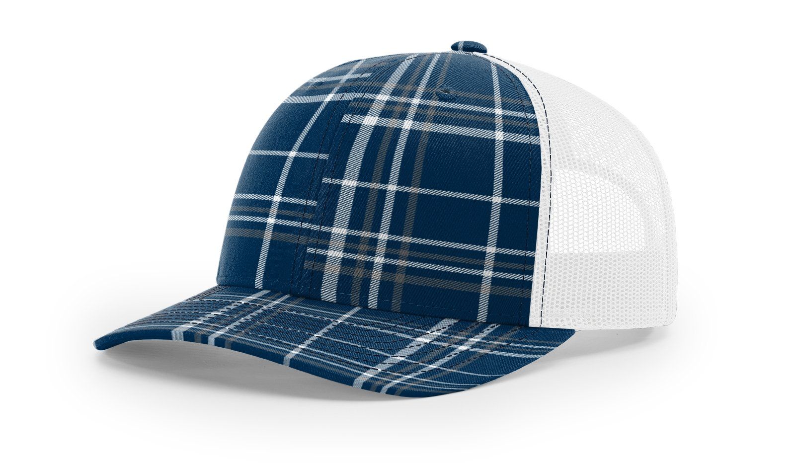 Navy blue plaid trucker hat with white mesh back.
