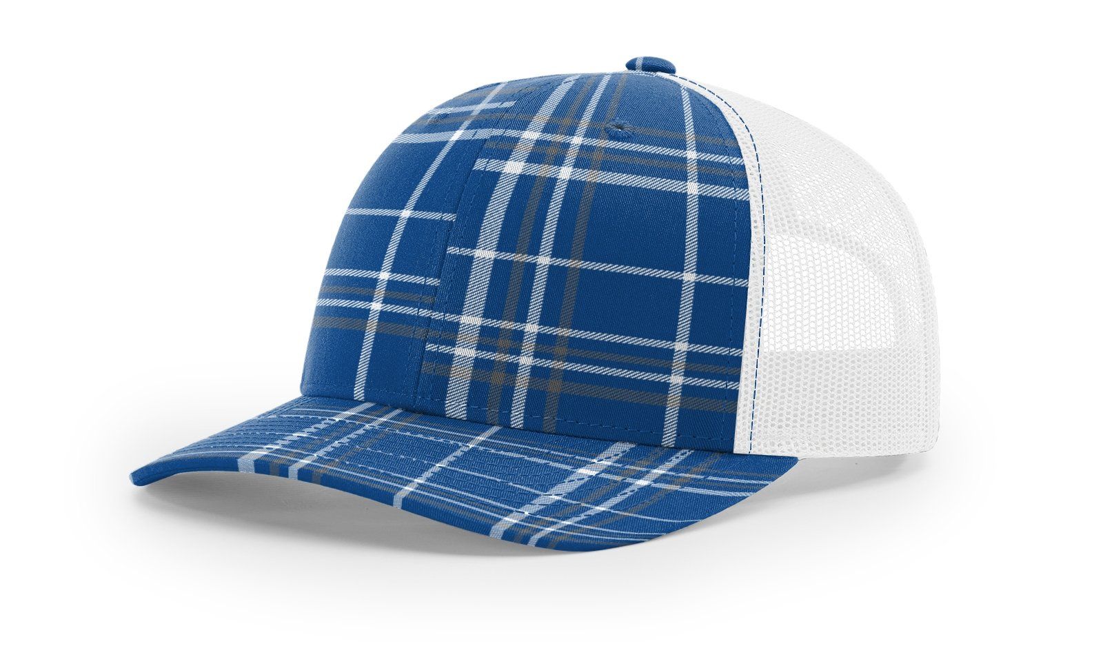 Blue plaid trucker hat with white mesh back.