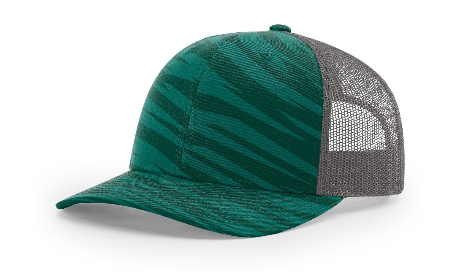 Green and gray trucker hat with abstract pattern.