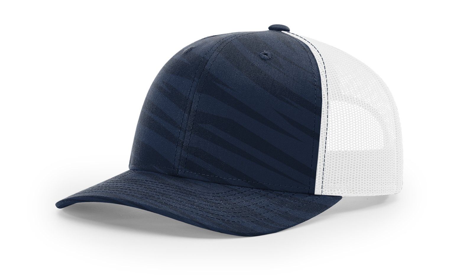 Navy and white trucker hat with a curved brim.