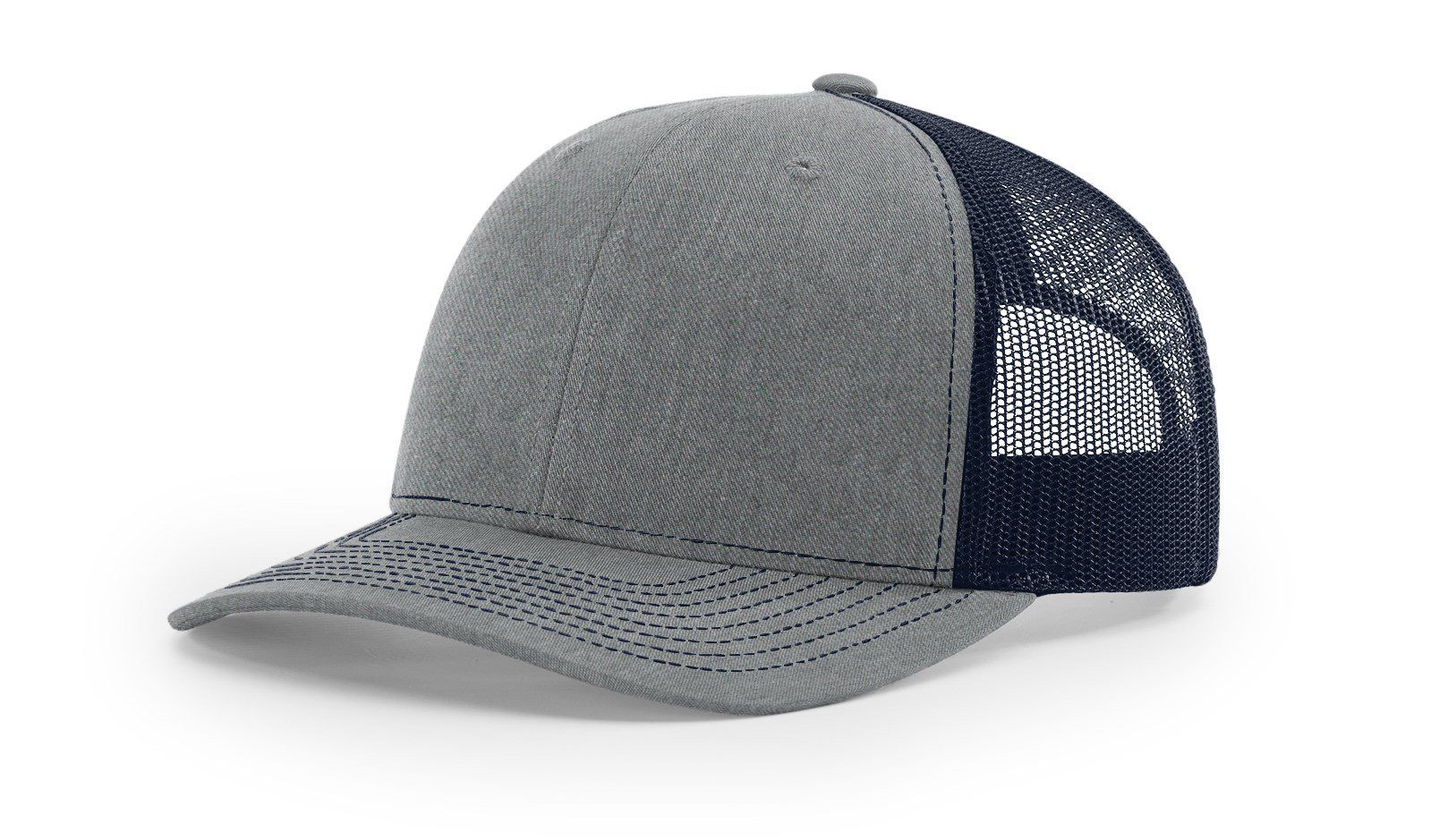 Gray and navy blue trucker hat.