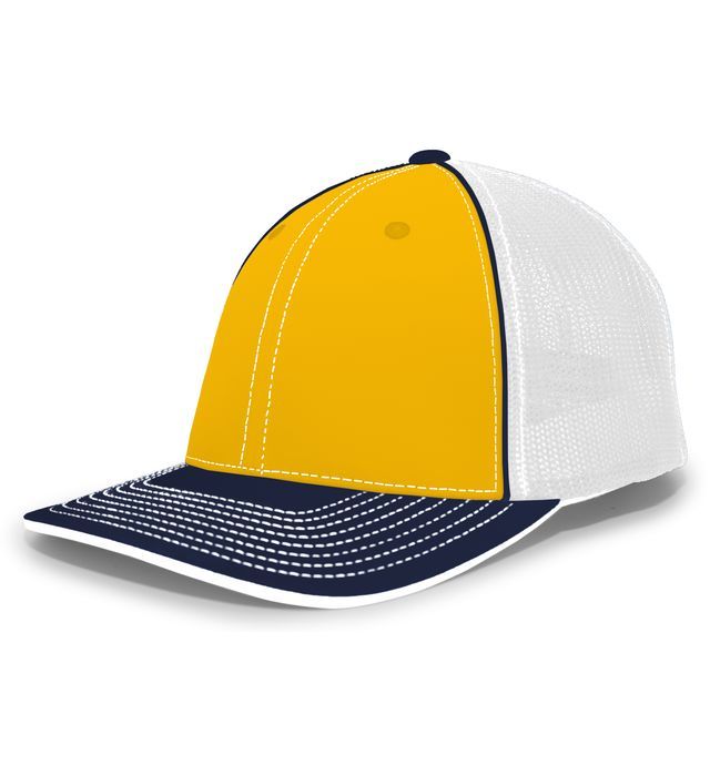 Yellow and white baseball cap with navy brim.