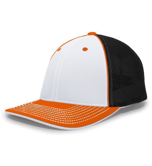 White, orange, and black baseball cap with mesh back and curved brim.