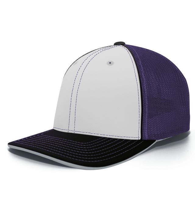 Purple and white baseball cap with black bill and mesh back.