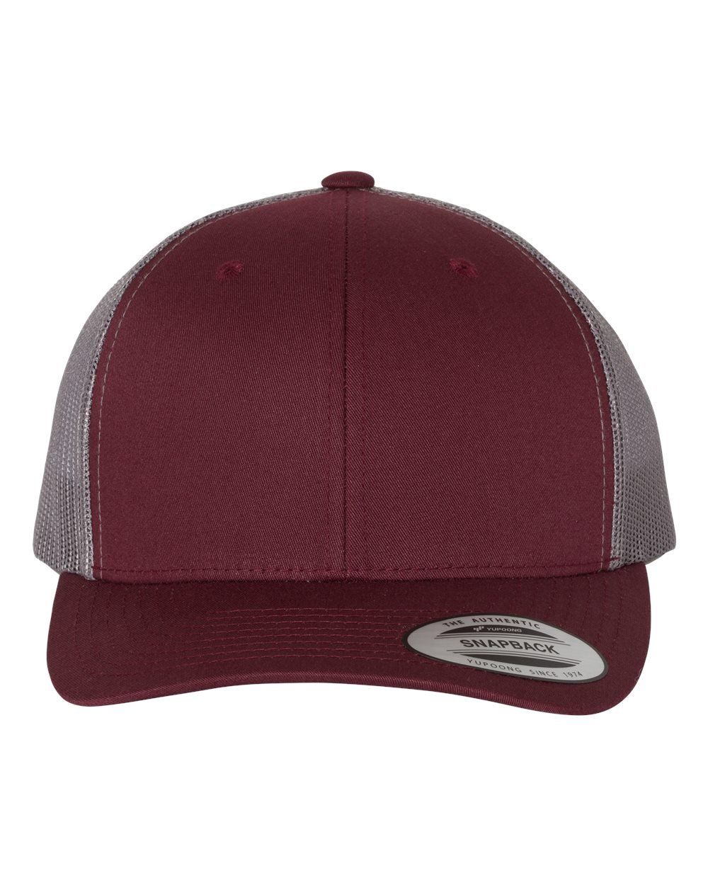 Maroon and gray trucker hat with a curved brim.