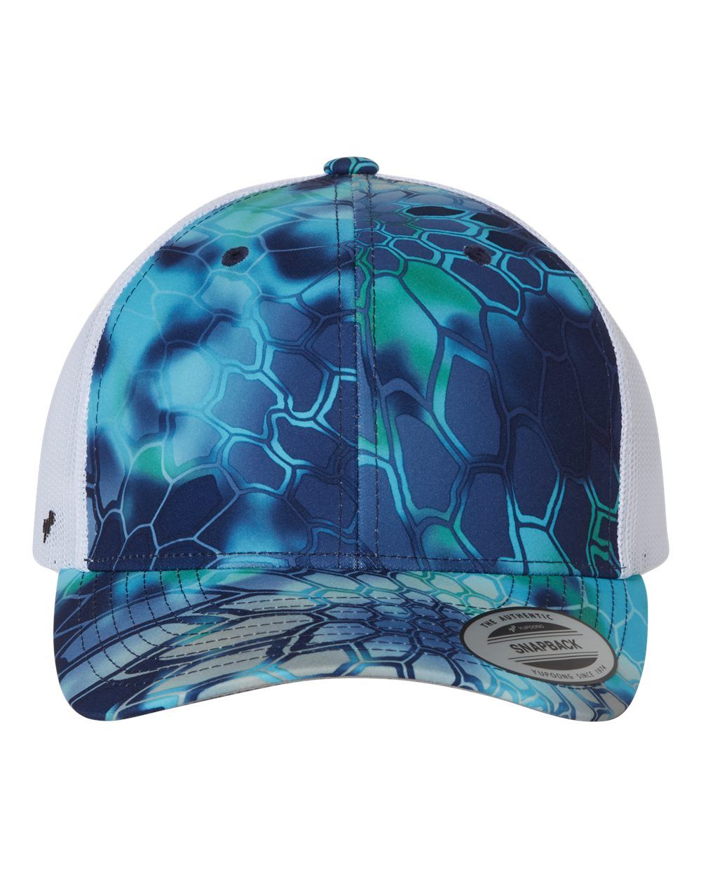 Blue and green camouflage print trucker hat with a white mesh back.