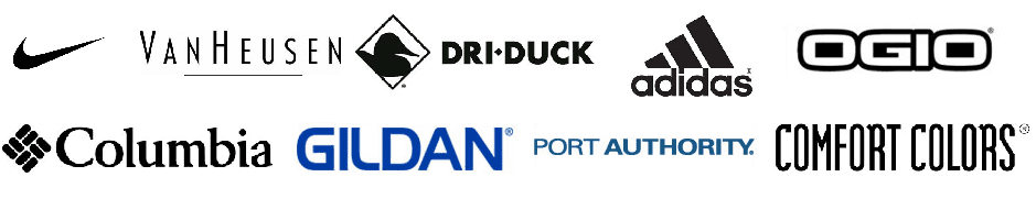 Logos of Nike, Van Heusen, Dri-Duck, Adidas, Ogio, Columbia, Gildan, Port Authority, and Comfort Colors.