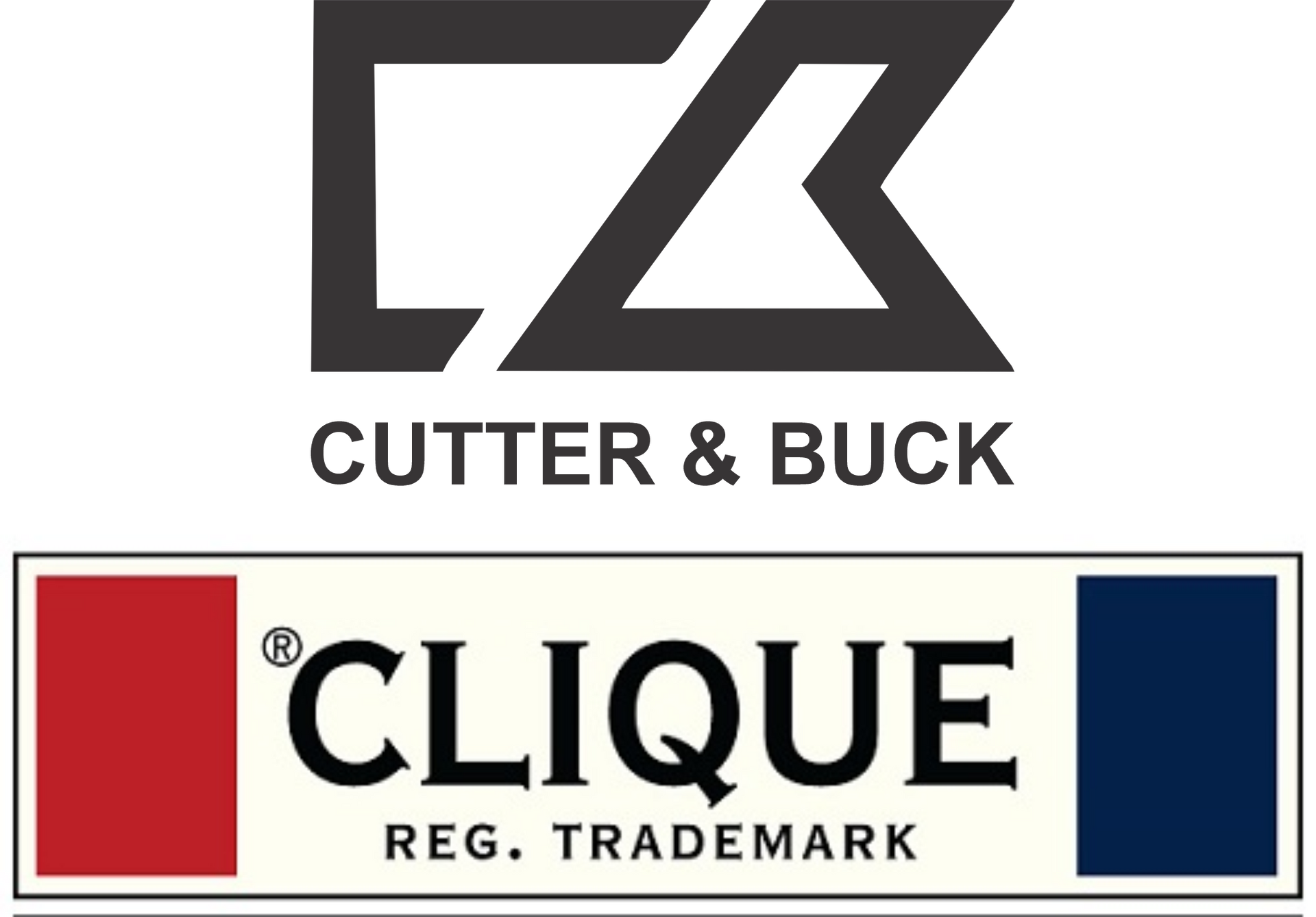 Logos for Cutter & Buck (top) and Clique (bottom). Cutter & Buck logo is a stylized 